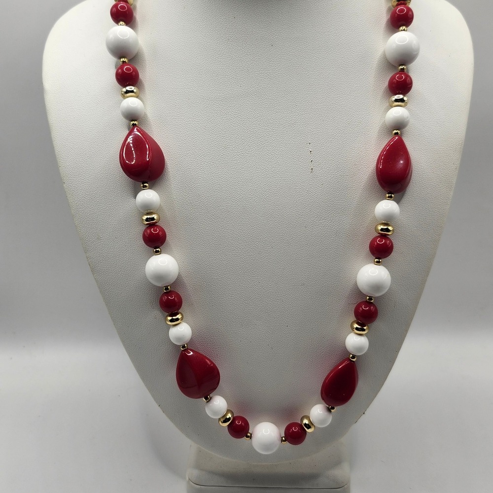 Vintage Red White Gold Beaded Necklace Teardrop Statement‎ Jewelry